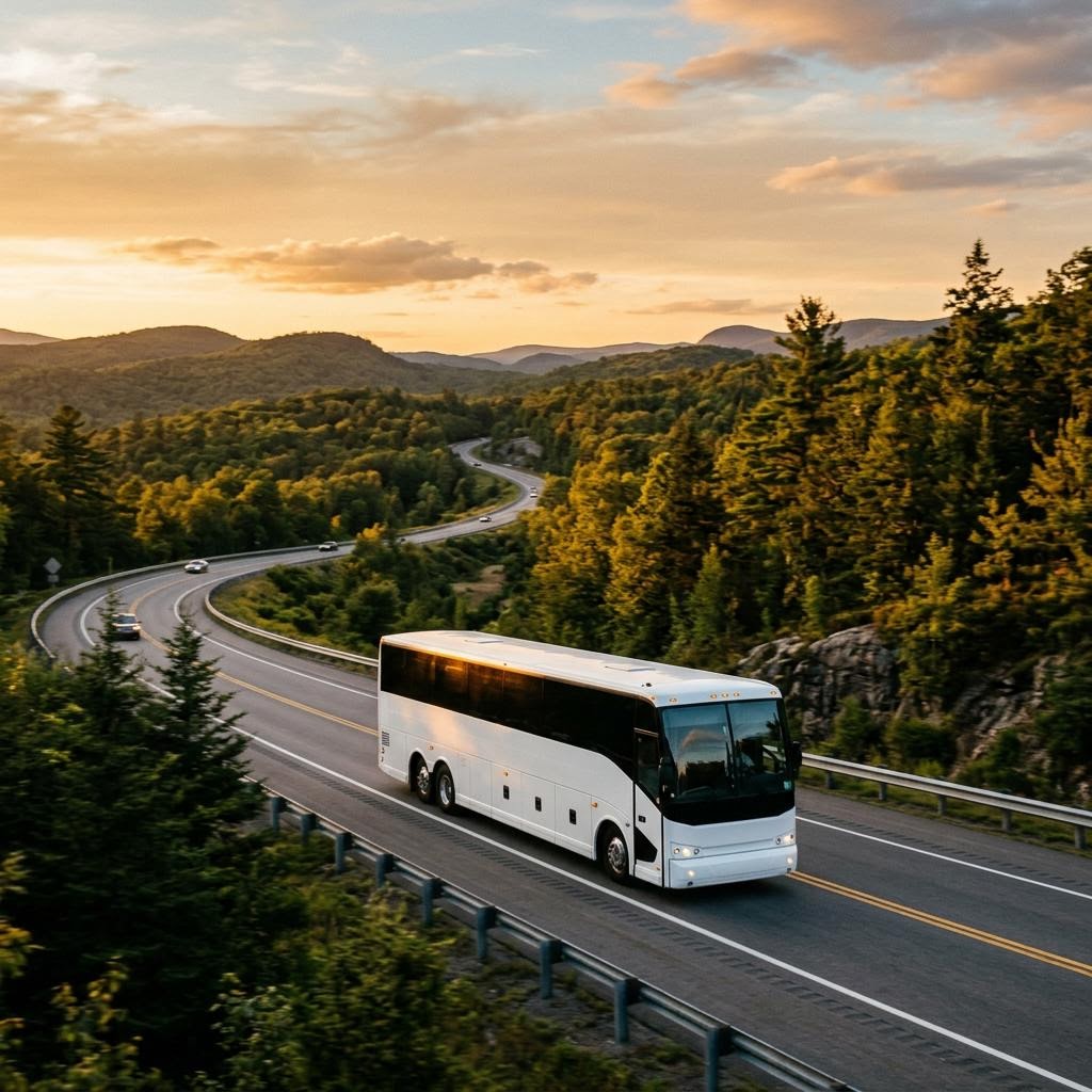 A motorcoach traveling on an open highway through forested hills at golden hour